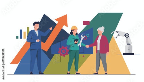 Industry partnership illustration engineer shaking hands with manager amidst growth charts and automation