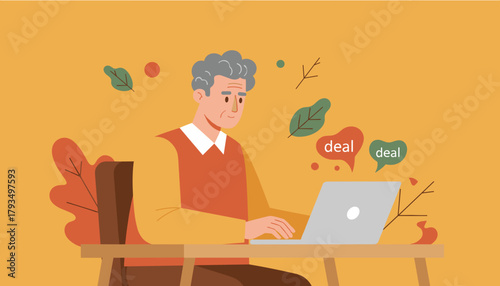 Senior man using laptop finding online deals or managing businessfinance Flat design