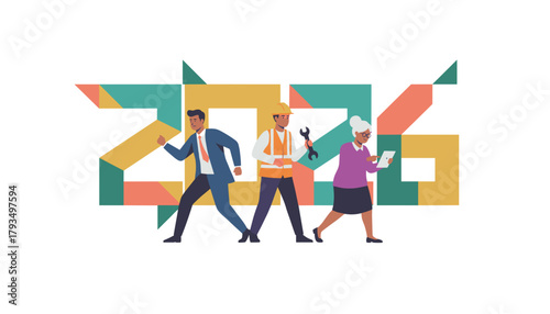 Diverse professionals illustrating business labor and technology working together