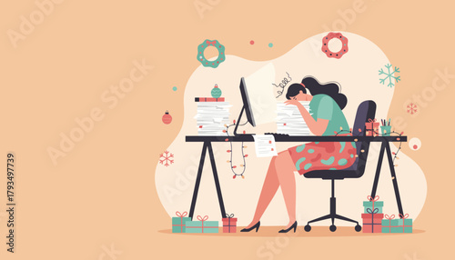 Overworked employee suffering from holiday burnout amid heavy workload and yearend deadlines