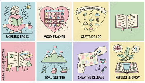 Cute illustrations of selfcare habits morning pages mood tracking goal setting and creative release