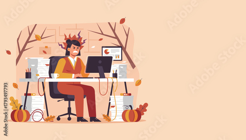 Work overload and stress Angry employee burnout at office desk during autumn