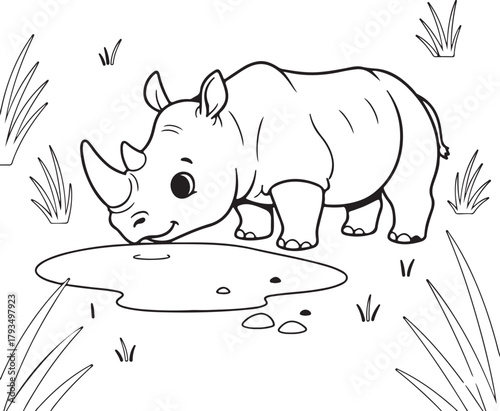 Cute baby rhinoceros coloring page illustration. adorable cartoon rhino calf drinking from a puddle in the savanna habitat.