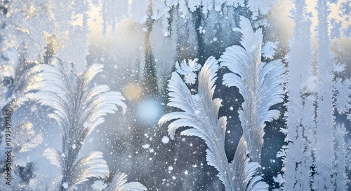 Intricate icy patterns bloom across a winter window pane, showcasing nature's delicate artistry with shimmering frost crystals and sparkling light, evoking a serene and frosty morning