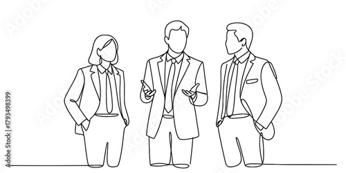 Continuous line art drawing of a diverse business team in professional attire, engaged in a discussion or meeting, portraying collaboration and teamwork Vector