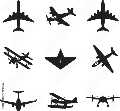 Collection of nine airplane silhouettes including biplanes and drone on white background aircraft aviation on transparent background