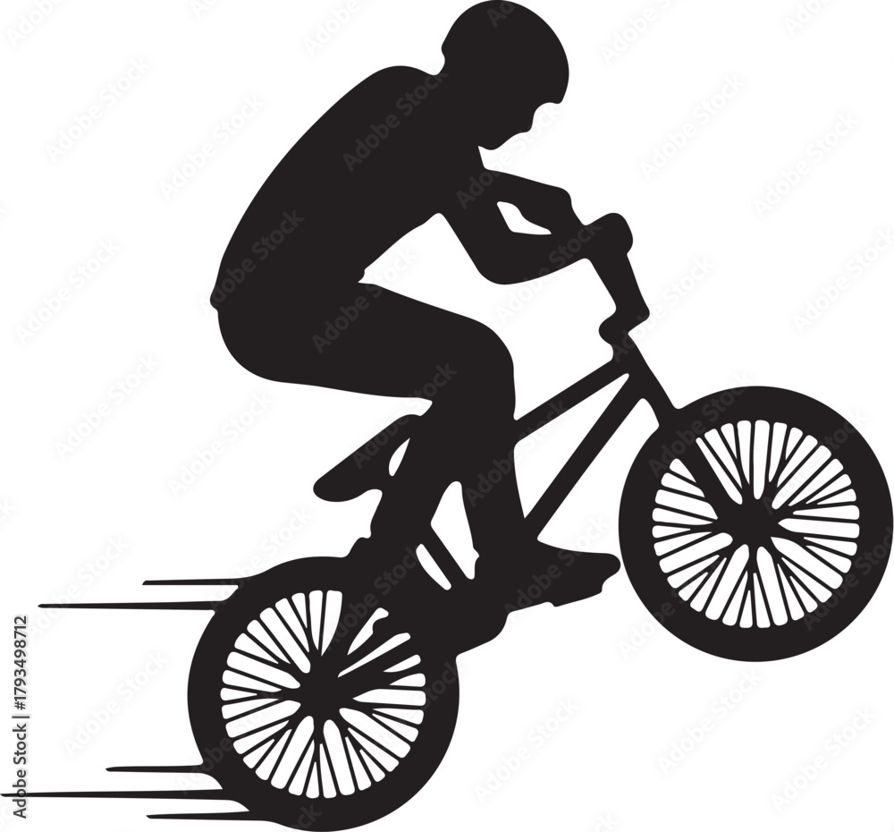 Fototapeta premium Silhouette of a person performing aBMX bike trick with motion lines bicycle on transparent background