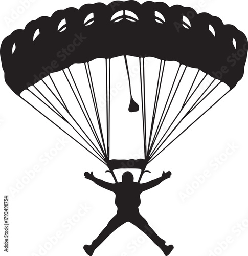Silhouette of a skydiver with open parachute against white background skydiving jumping on transparent background