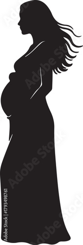 Silhouette of a pregnant woman in a long dress with flowing hair pregnancy female on transparent background