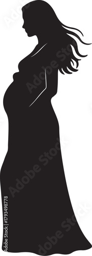 Silhouette of a pregnant woman in a long dress against white background pregnancy female on transparent background