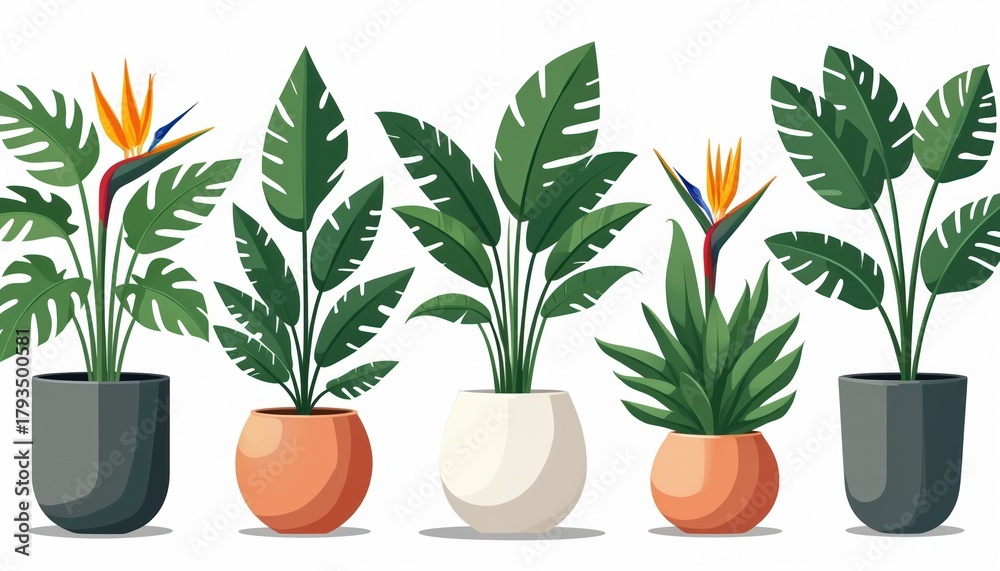 Obraz premium Plants grow in pots. Drawing shows tropical plants in planters. Floral elements create natural indoor home decor. Botanical illustration design resource shows various houseplants like monstera, ficus.
