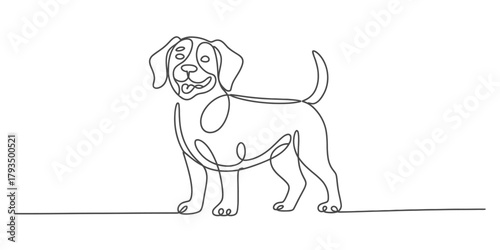 Continuous line art drawing of a happy domestic dog standing on a single horizontal line, minimalist monochrome pet vector illustration design Vector