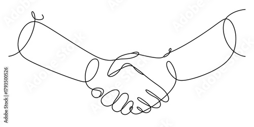 Continuous line drawing of a handshake symbolizing partnership, agreement, cooperation, and mutual respect in business and global contexts. Vector