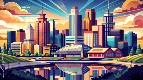 Very beautiful downtown skyline of Omaha, Nebraska, USA, featuring modern skyscrapers, urban architecture, and riverfront views, capturing the city’s vibrant metropolitan atmosphere and iconic landmar