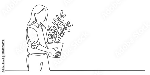 Continuous line art drawing of a woman holding a potted plant, symbolizing growth, sustainability, and connection to nature, minimalist. Vector