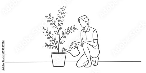 Line art illustration of a person kneeling and watering a potted plant, symbolizing care, growth, nature, and responsibility. Vector