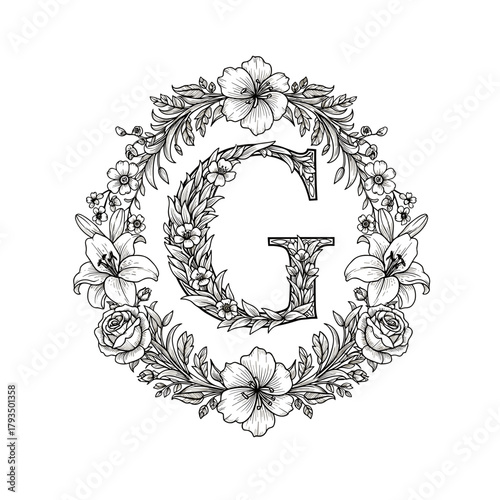 Floral letter G surrounded by a wreath showcases an alphabet design. Letter G in a blooming wreath is adorned with flowers, leaves, and roses, creating an elegant and sophisticated composition.