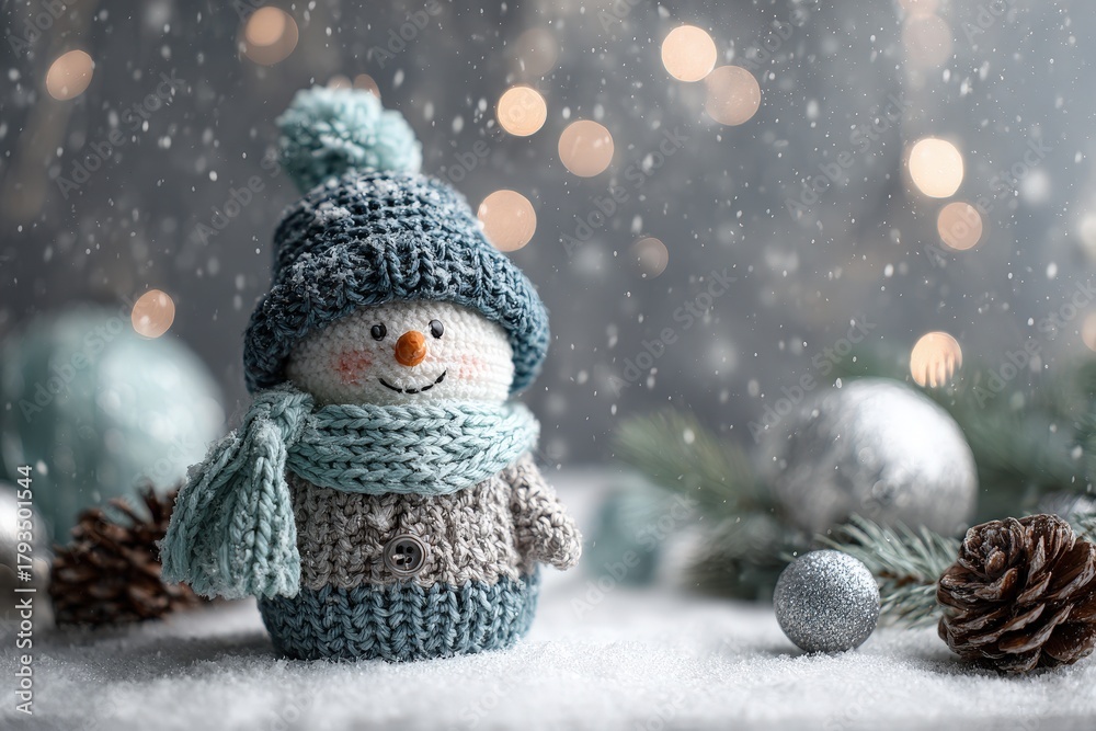 Obraz premium Knitted snowman figurine sits amidst sparkling winter decorations during snowfall