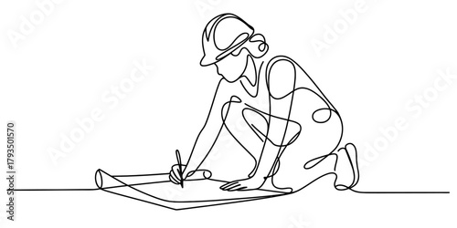 Architect or engineer in hard hat, drawing a construction plan on a blueprint with a pen in a minimalist continuous line art style illustration, isolated. Vector