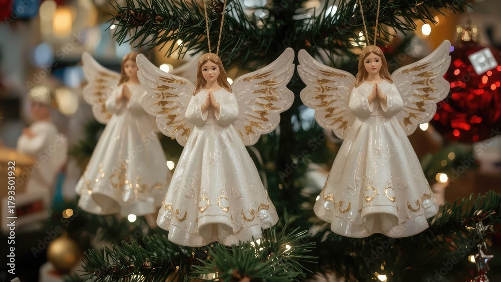 Naklejka premium Three angel ornaments with white dresses, gold accents, and wings hanging from a decorated Christmas tree.