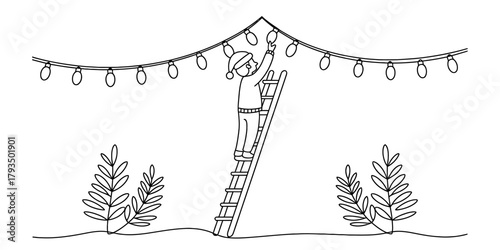 Child on ladder hanging festive christmas string lights. hand drawn line art illustration of holiday season preparation and decoration. Vector