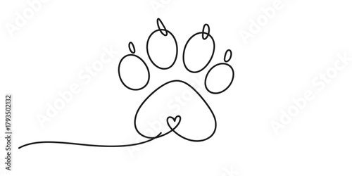 Continuous line art drawing of a pet paw print with a heart inside, symbolizing love, care, and the bond between animals and humans, clean vector. Vector