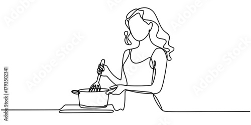 Continuous line drawing of a woman stirring a pot with a whisk. minimalist art capturing home cooking, food preparation and culinary concept. Vector