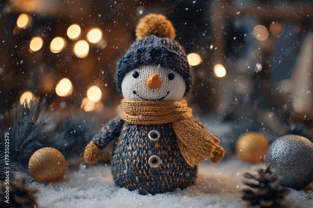 Obraz premium Knitted winter figure stands amidst falling snow and festive decorations