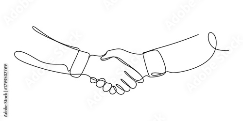 Continuous line drawing of two hands shaking, symbolizing agreement, partnership, and successful deal making on a clean white background. Vector
