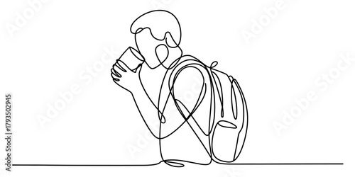Minimalist continuous one line drawing of a young person with a backpack, enjoying a refreshing drink from a cup, isolated on white. Vector