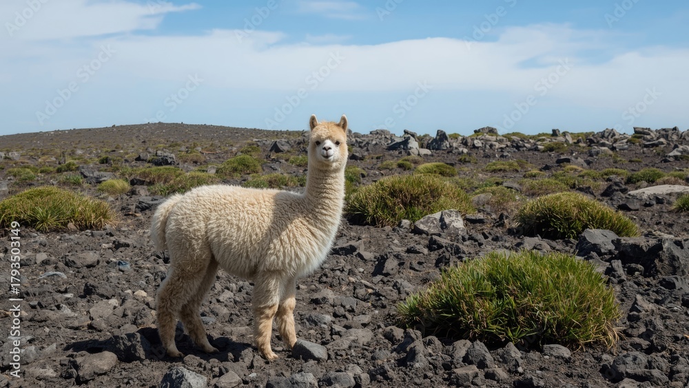 Fototapeta premium A llama standing on rocky terrain with green shrubs and a blue sky in the background.