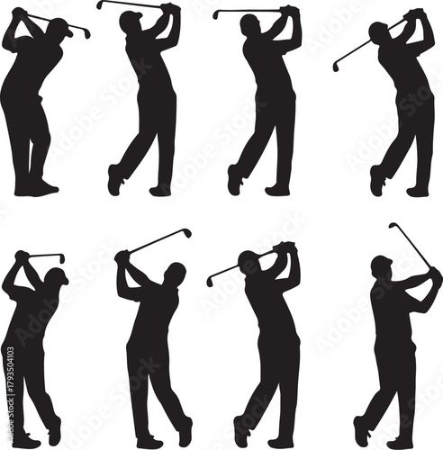 Silhouette Collection of Golfers in Various Poses During a Golf Swing sport on transparent background