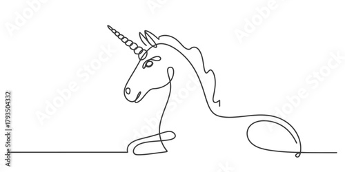 Continuous line drawing of a magical unicorn resting gracefully, minimalist vector illustration, fantasy creature art, simple graphic design element for myth Vector