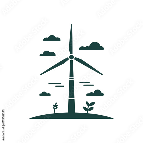 A wind turbine stands tall against a backdrop of stylized clouds and growing plants.