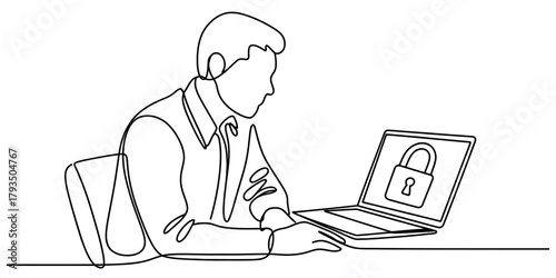 Single continuous line drawing of a person using a laptop with a security padlock on screen, emphasizing cyber protection and data privacy. Vector