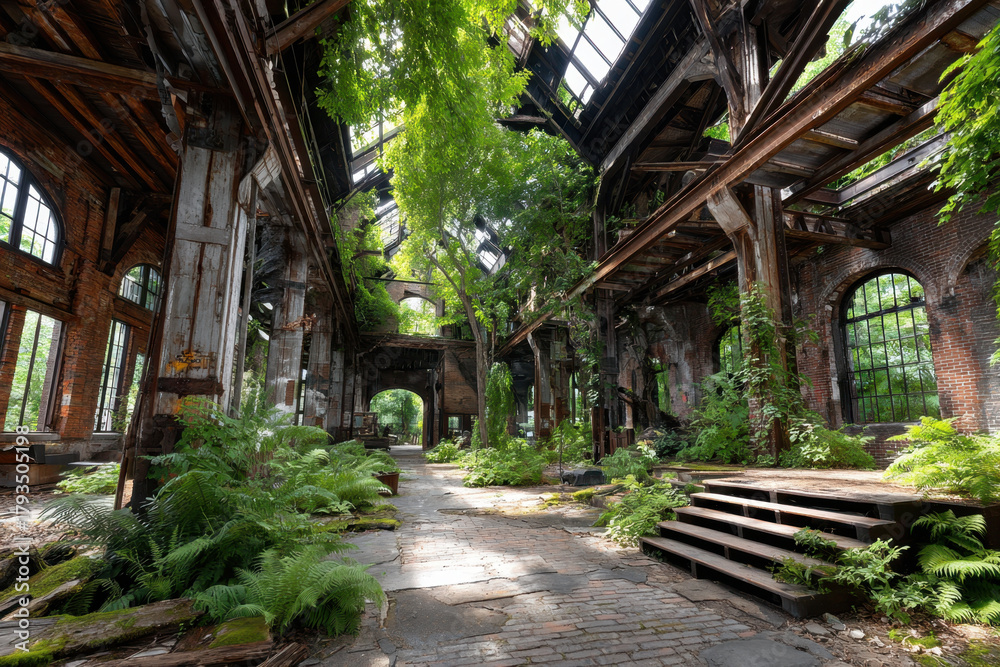 Obraz premium Abandoned Industrial Building Overgrown with Lush Greenery