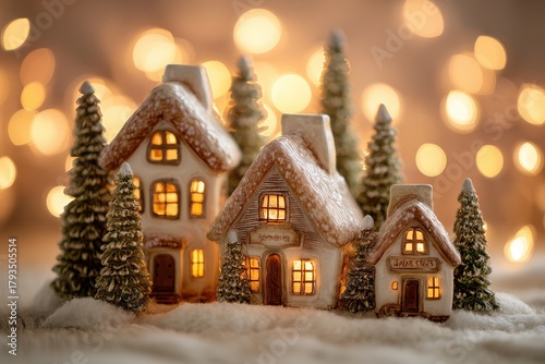 Miniature ceramic houses and frosted evergreen trees rest on a snowy surface with warm bokeh lights in the background
