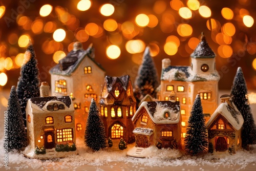 Ceramic miniature village scene glows warmly amidst falling soft light highlights