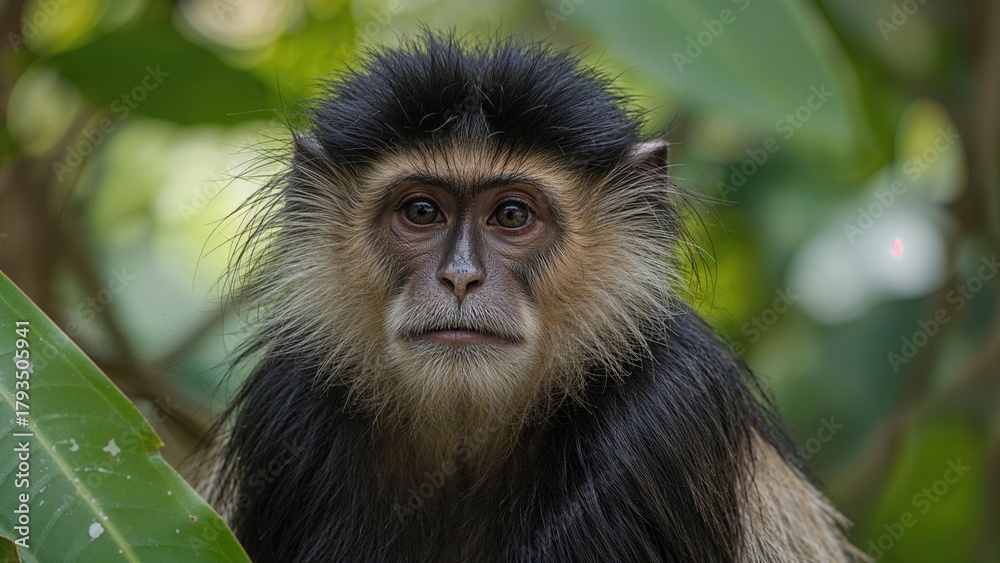 Obraz premium Close-up of a monkey's face surrounded by green leaves, capturing its expressive eyes and detailed fur. Jungle animal and wildlife. Nature and primates. The essence of jungle wildlife.