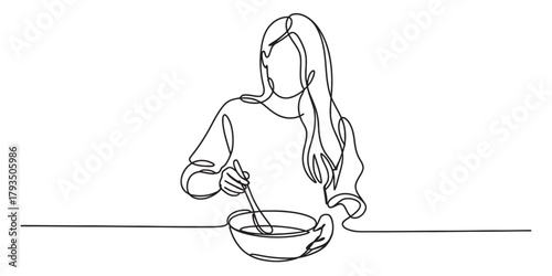 Continuous one line drawing of a woman stirring a bowl with a spoon, minimalist kitchen cooking food preparation activity abstract art design isolated on white Vector