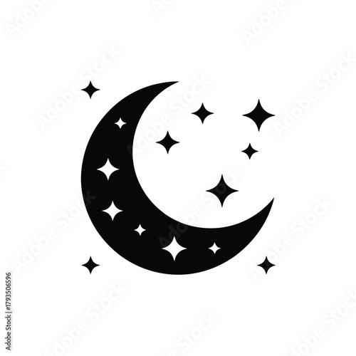 A crescent moon shines brightly among a scattering of stars against a white background.