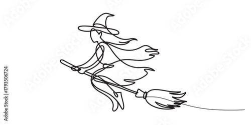 Minimalist continuous line art of a witch character flying on a broomstick, illustrating fantasy magic and spooky halloween celebration design Vector