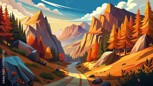 Very beautiful sunlight illuminating a winding canyon trail amidst vibrant autumn foliage, showcasing the majestic grandeur of a vast mountain landscape, featuring colorful trees, rugged cliffs, and 