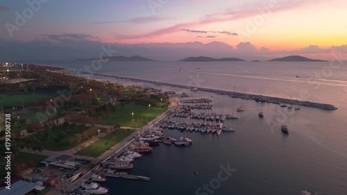 Aerial Drone View of Marina and Coastline at Sunset in Istanbul, Turkey