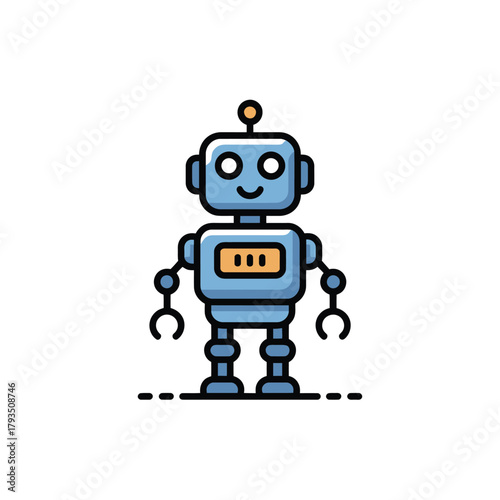 A friendly cartoon robot stands proudly against a white background.