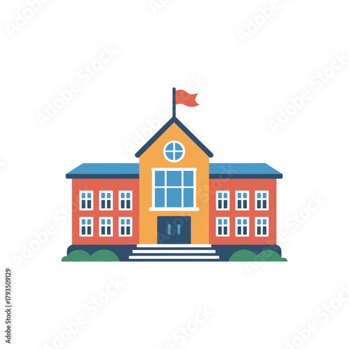 A colorful illustration of a school building with a flag on top.