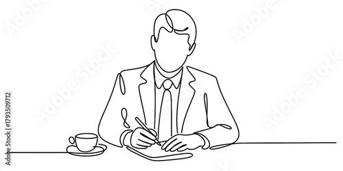 Minimalist continuous line art of a businessman diligently writing notes at his office desk with a pen, a coffee cup beside him, illustrating productivity Vector