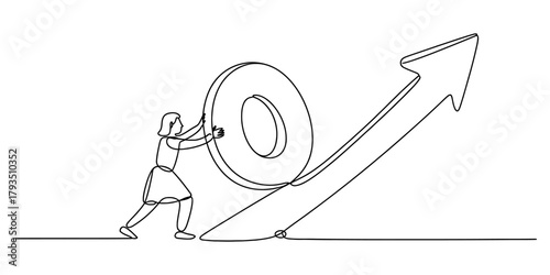 Continuous line drawing of a determined person pushing a heavy ring up a steep upward arrow, symbolizing effort, progress, and overcoming challenges Vector