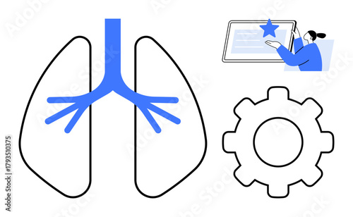 Lungs and bronchial tree next to a gear representing a process, and a user interacting with a screen for respiratory research, technology, or health systems. Ideal for science, medicine, innovation