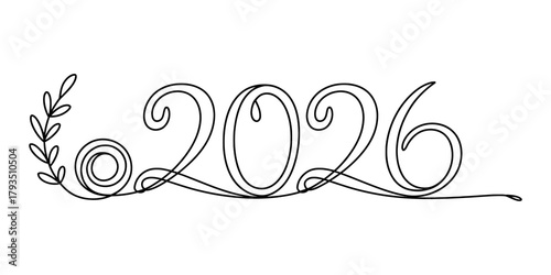 Elegant continuous line art of the year 2026 with a graceful floral flourish, minimalist hand-drawn design ideal for new year and future events. Vector